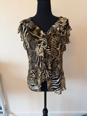 VINTAGE CACHÉ Ruffled Animal Print V-Neck Blouse - Brown/Black SIZE MED